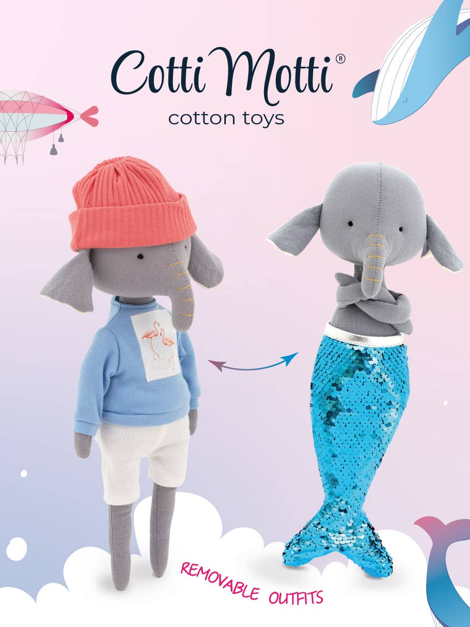 Pluche knuffel van Alice de Olifant met blauw T-shirt en zeemeerminstaart - 29 cm