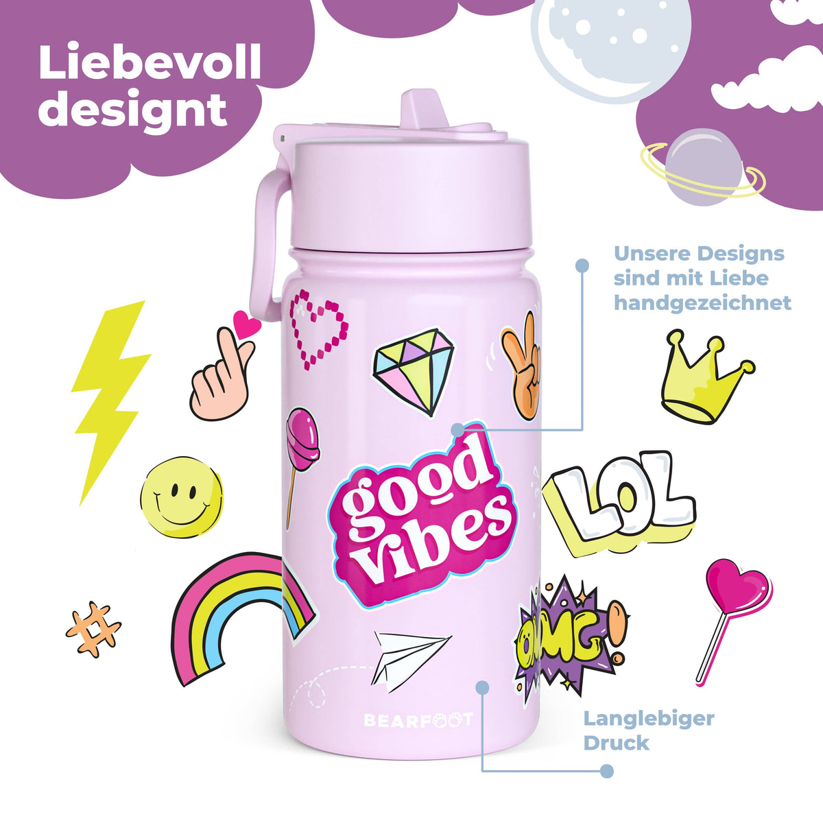 Thermo Kids' Stainless Steel Water Bottle - Purple Sticker