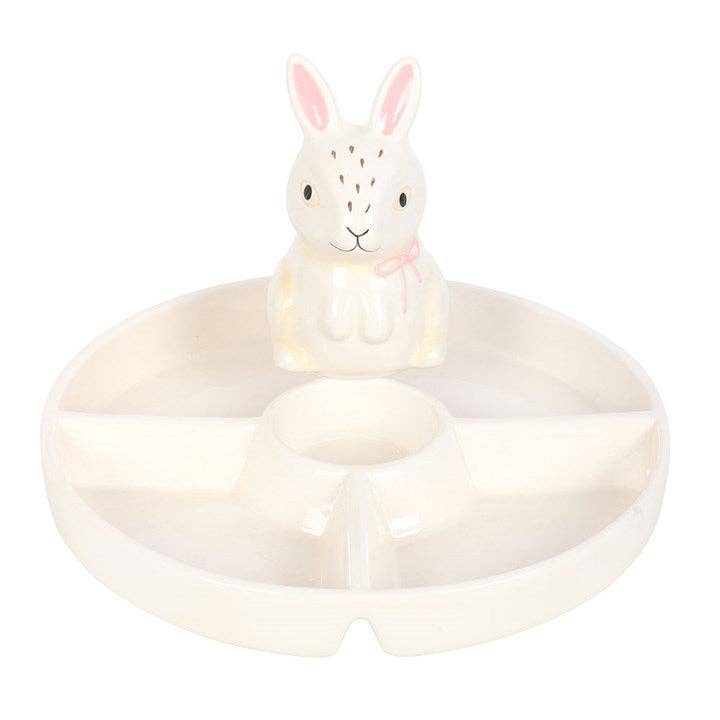 Snack serving dish with dip compartment and Easter bunny design