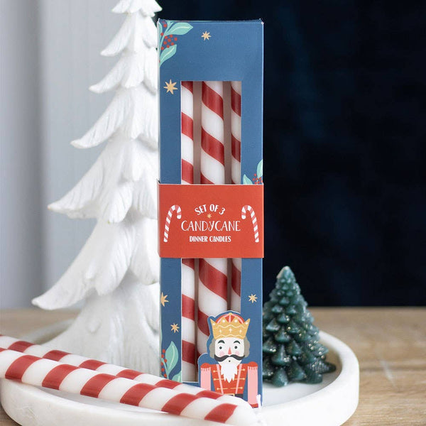 Set of 3 candy cane striped Christmas taper candles