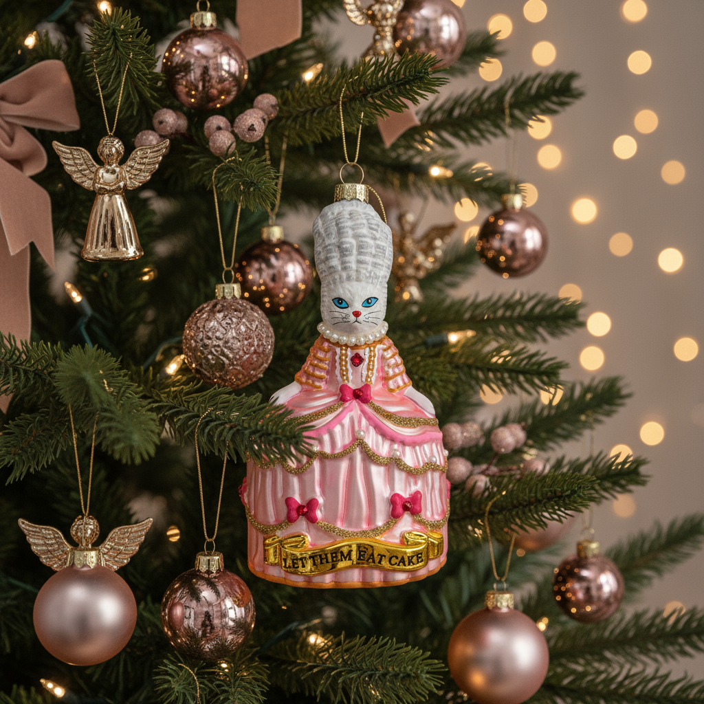 Kerstbal met een witte kat genaamd Marie Antoinette, "Laat ze eten".