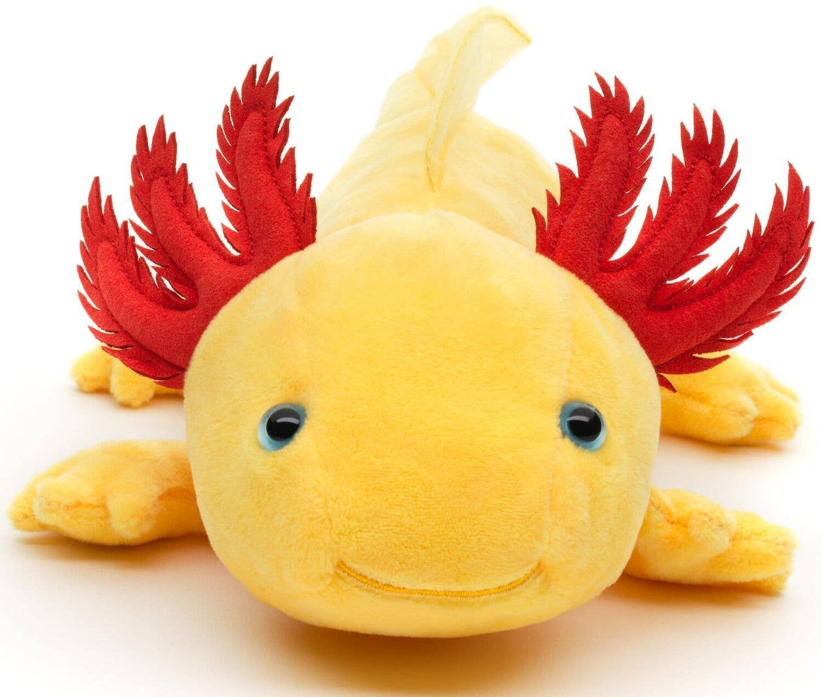 Yellow axolotl plush with blue eyes from