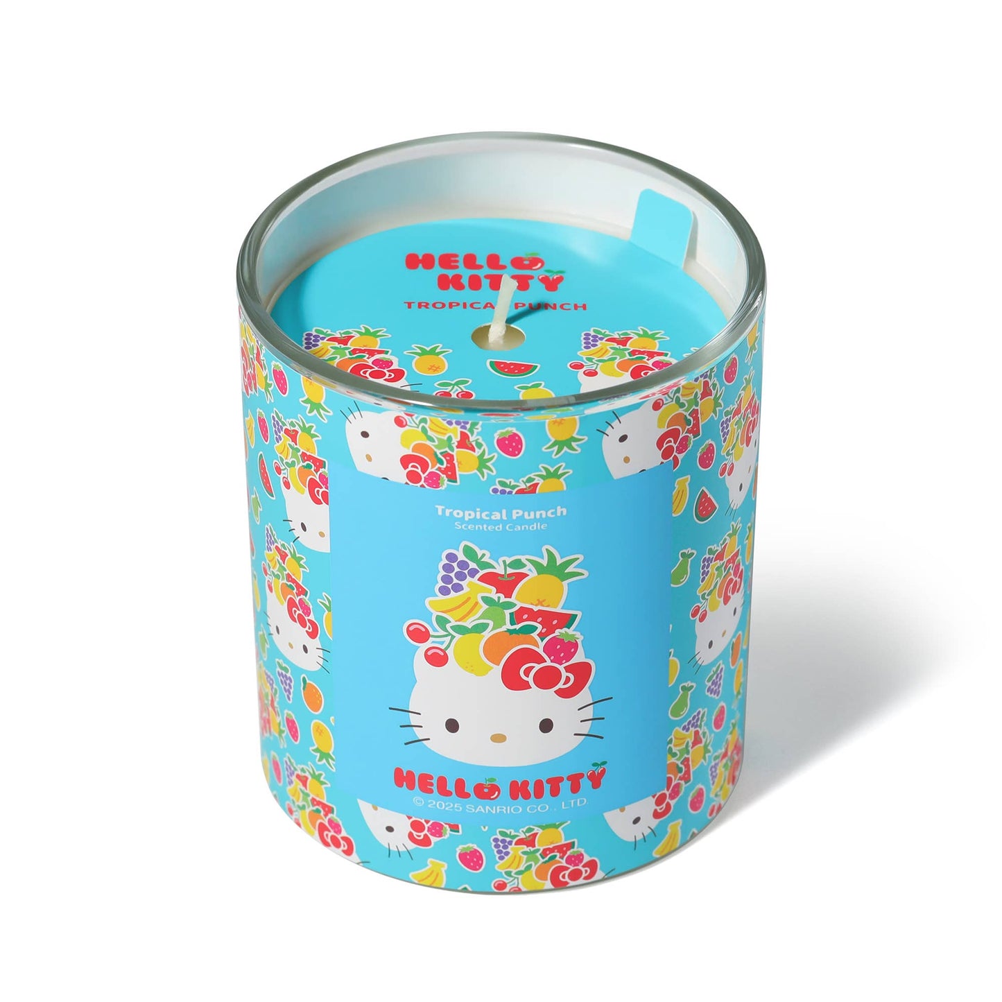 Blauwe kaars met originele Hello Kitty-print, geur Tropical Punch.