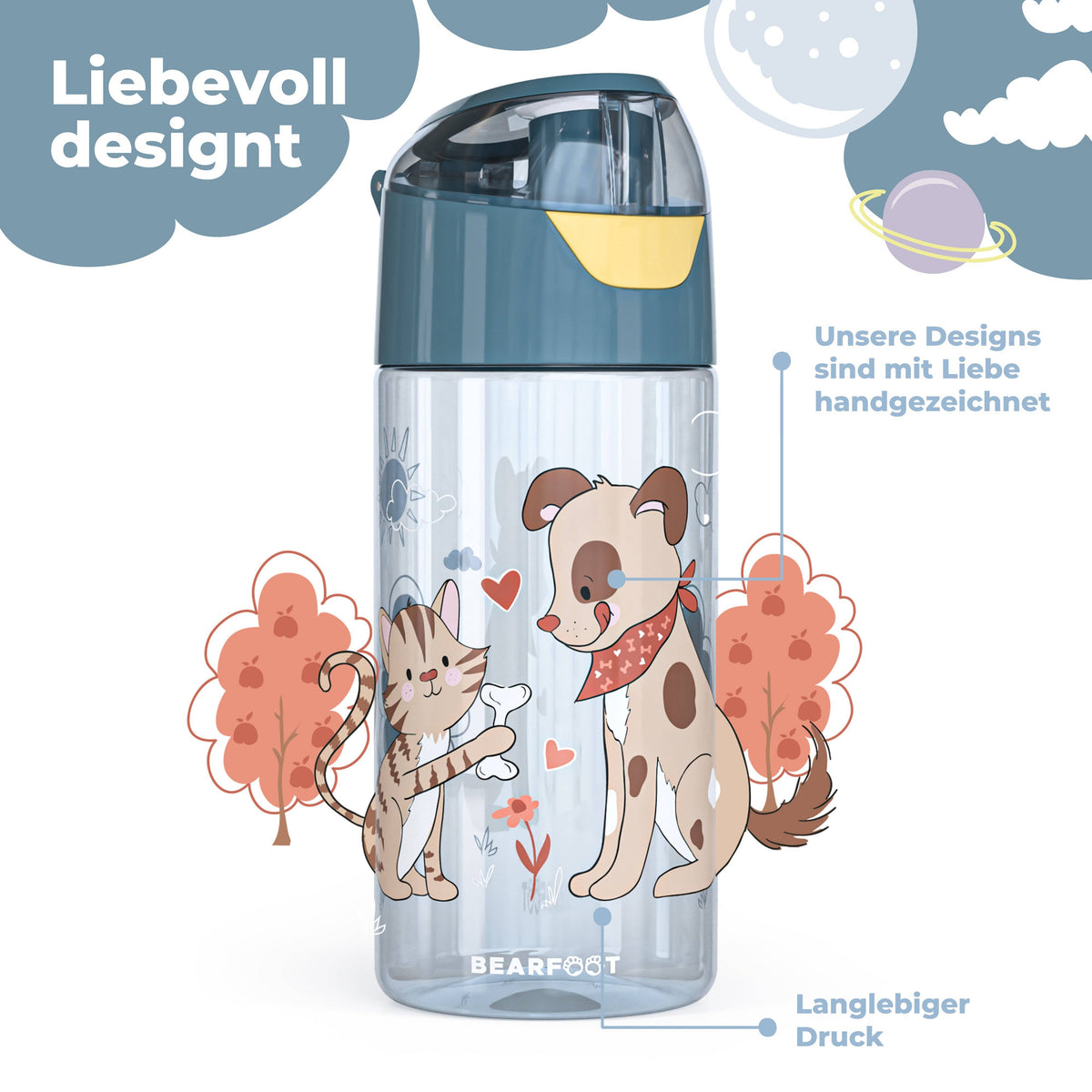 Children's Lightweight Water Bottle - Dog & Cat Blue