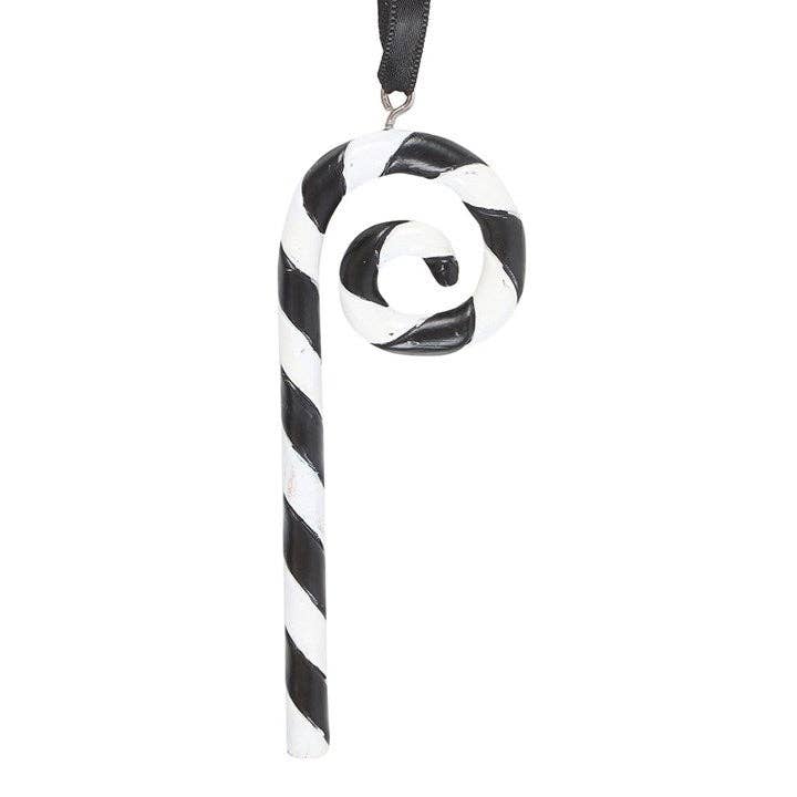 Gotisch kerstornament in de vorm van een zwart-witte zuurstok.