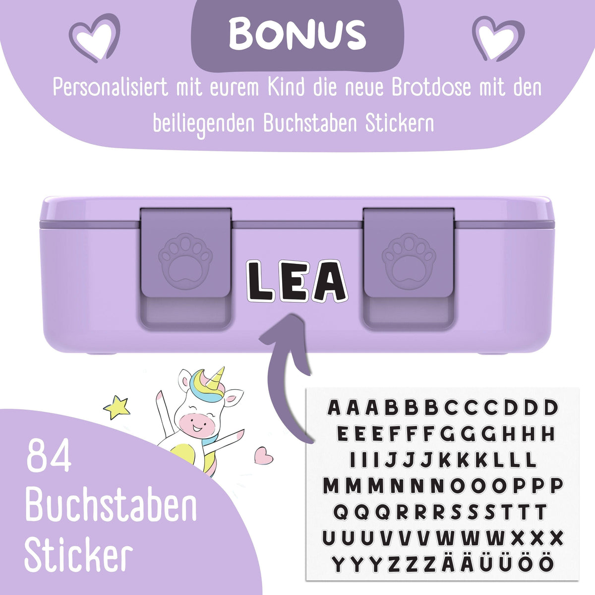 Compartmented lunch box, lightweight & leak-proof - Unicorn purple