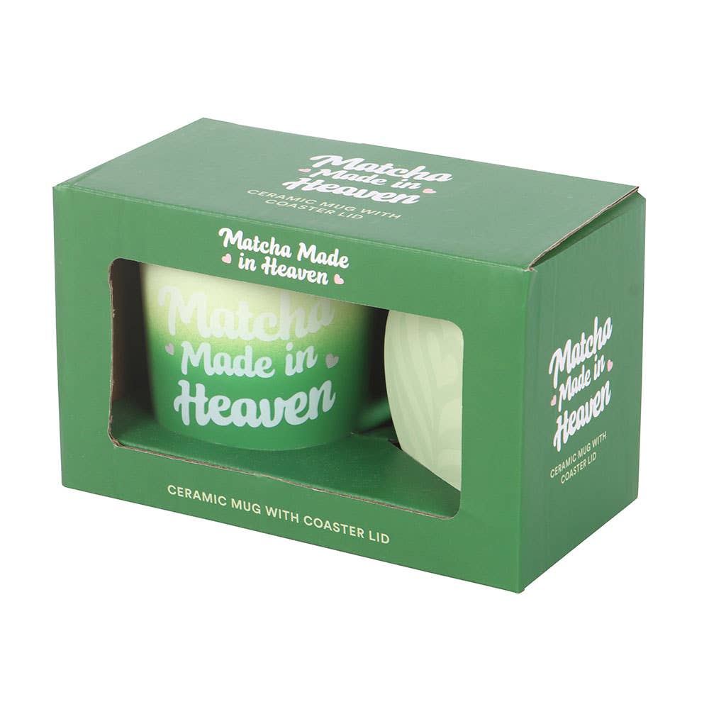 "Matcha Made in Heaven" mug with lid that doubles as a coaster