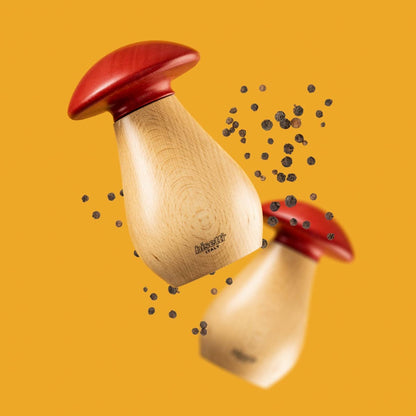 "Mushrooms" spice mill in natural beech with a red top