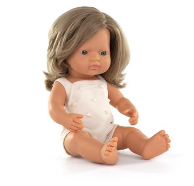 ML Poupées: POUPÉE FILLE EUROPÉENNE aux CHEVEUX BLONDE FONCEES 38cm, avec barboteuse crème, parfumée vanille, imperméable, poupée sexuée, en résine, en boîte cadeau. Made in Spain, 3+