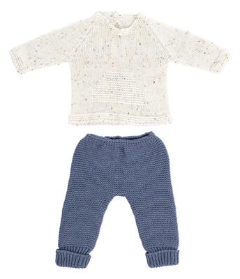 ML Poupées: ENSEMBLE de VÊTEMENTS TRICOTÉ écru/bleu garçon 40cm, 2 pièces, pull + pantalon, éco et recyclé, sur un cintre, 3+