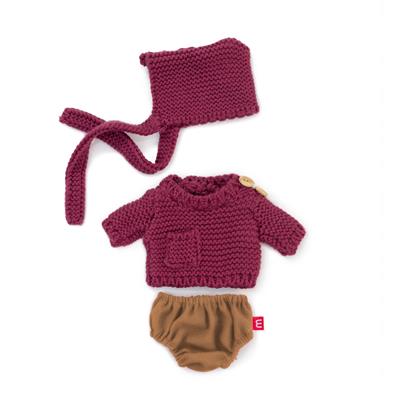 ML Poupées: ENSEMBLE de VÊTEMENTS bordeau/brun pour garçon 21cm, 3 pièces, pull, caleçon et bonnet, avec cintre, 3+