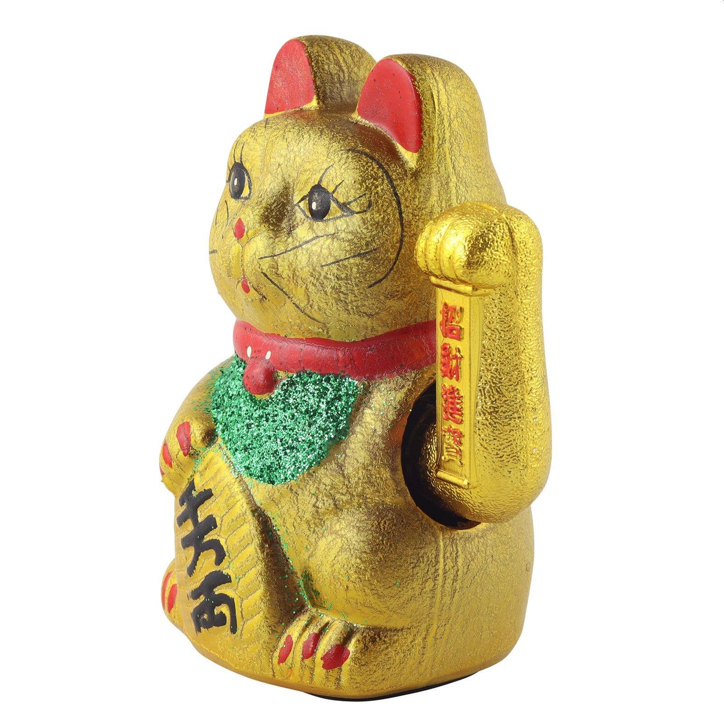 Maneki-neko lucky cat in the shape of a wave, ceramic, 17 cm, gold