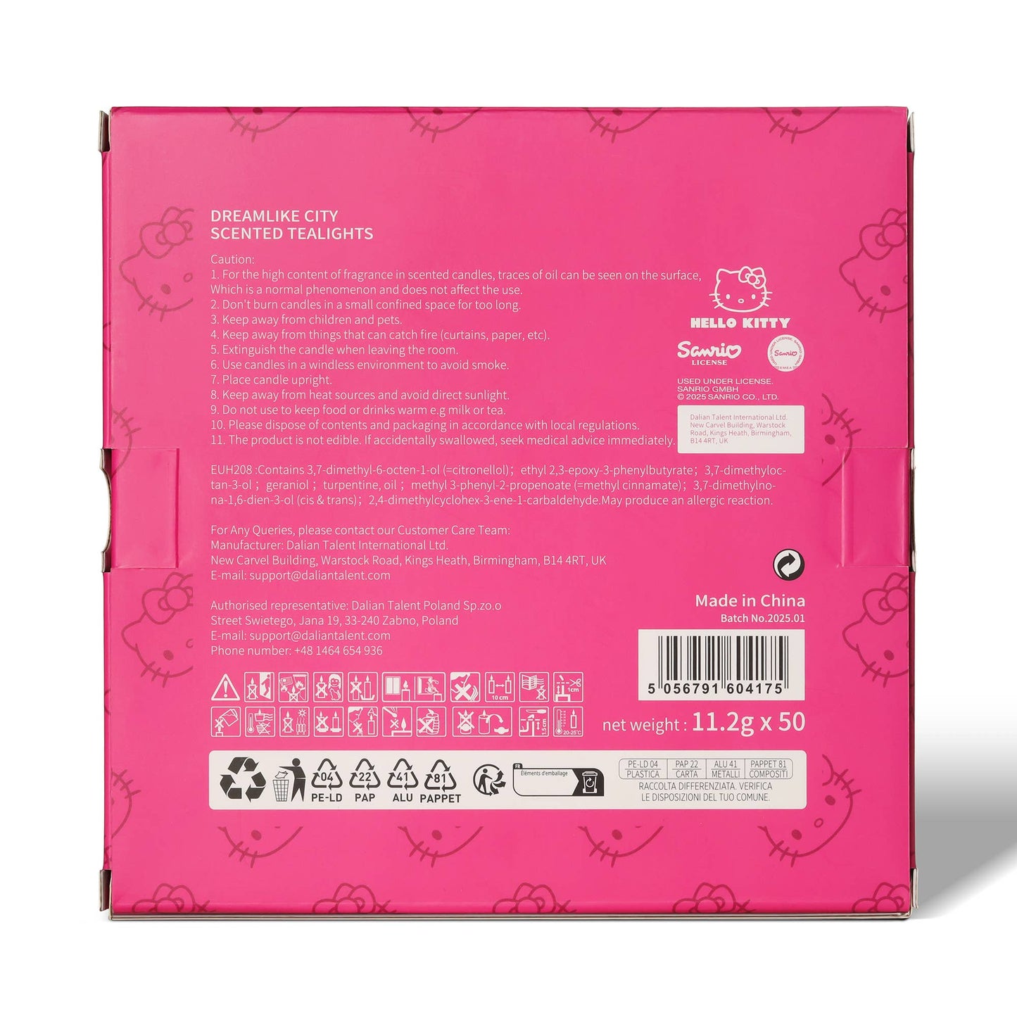 Roze Hello Kitty theelichtjes, verpakking van 50 stuks, geur Dream City