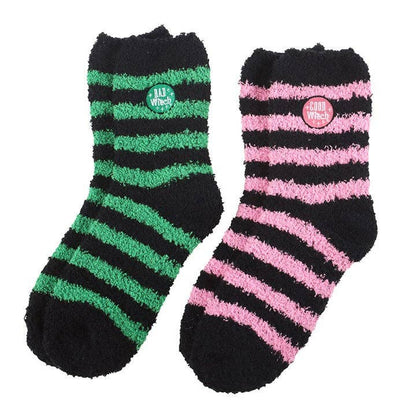 Set of 2 pairs of fluffy striped socks: Good Witch, Bad Witch