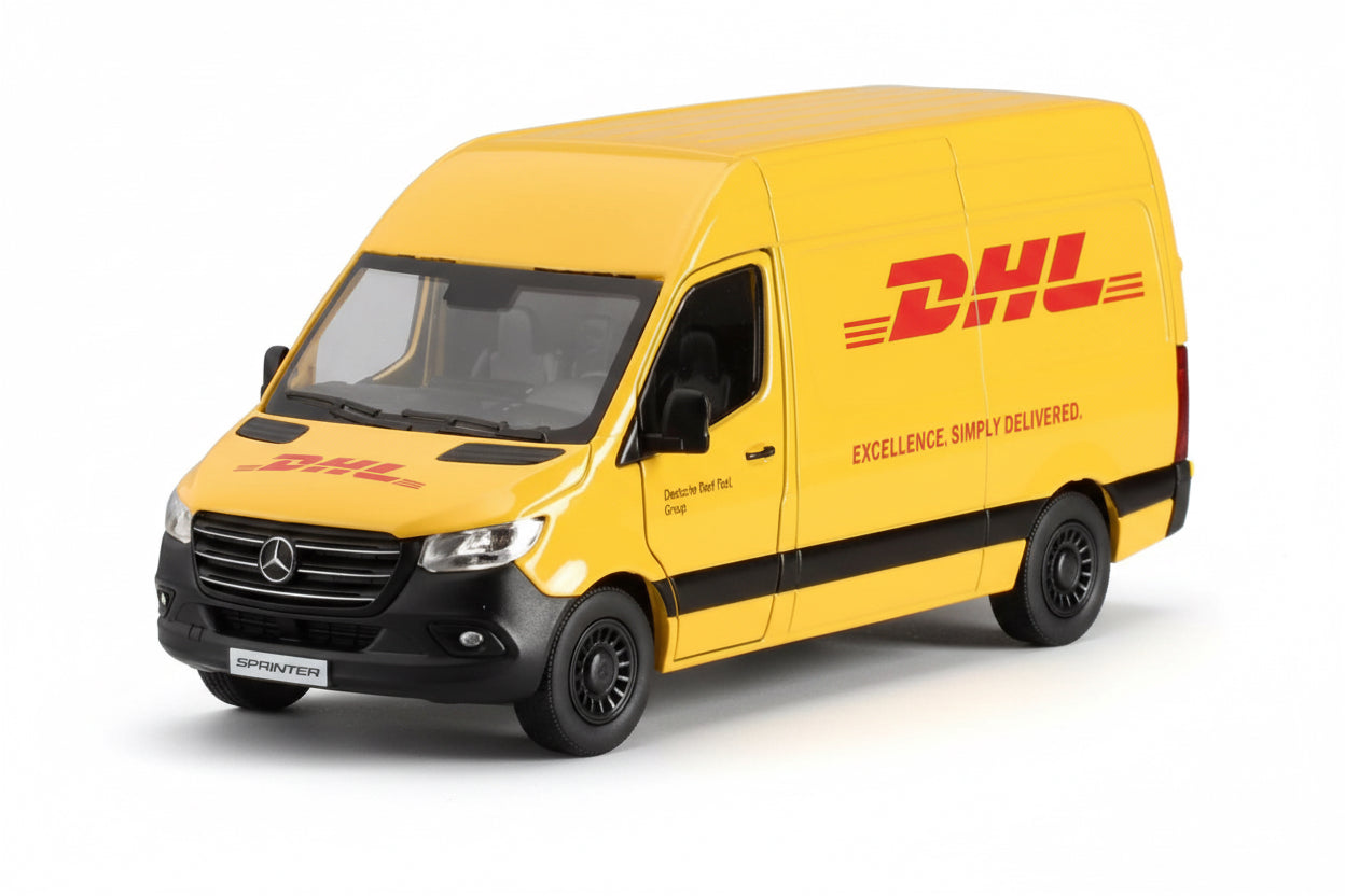 Voiture en métal: MERCEDES BENZ SPRINTER DHL 1:48 L12,5cm, à rétrofriction, en présentoir, 3+