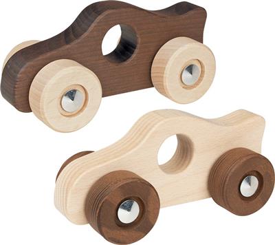 Véhicules en bois: RACECAR 14x6x6,5cm, goki nature, ass. de 2 couleurs, Made in Europe, 1+