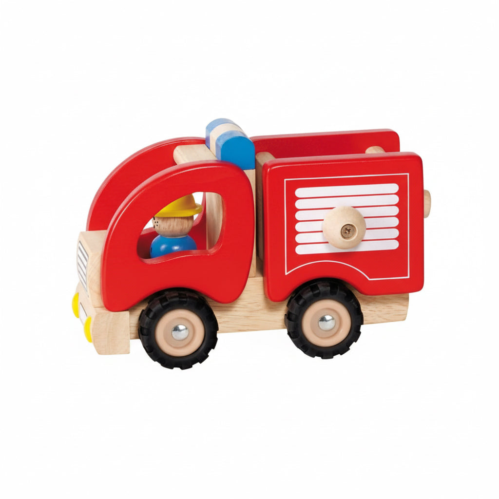 Véhicule en bois: CAMION SAPEURS-POMPIERS 16,7x9x10,5cm, avec pneus en caoutchouc, 2+