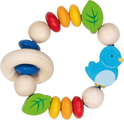Goki Baby Hochet: OISEAU diam.8,5cm, avec élastique, bois, en boîte fenêtre