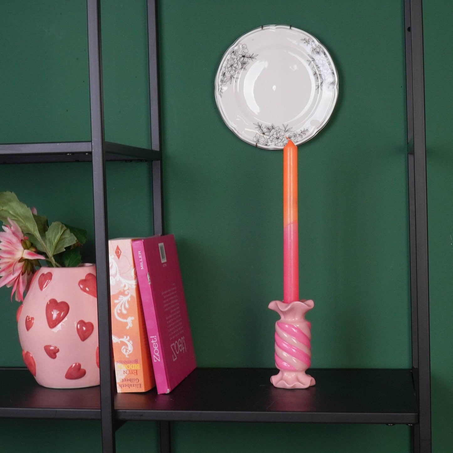 Kandelaar - Toffee Candy - Keramiek - Roze/Neon - 7,5x7,5x13 cm