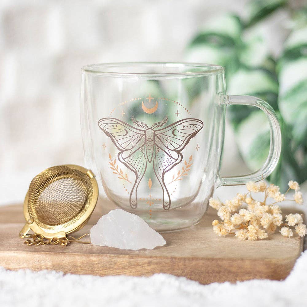 Mug en verre double paroi avec infuseur de thé en cristal et motif de Papillon lunaire