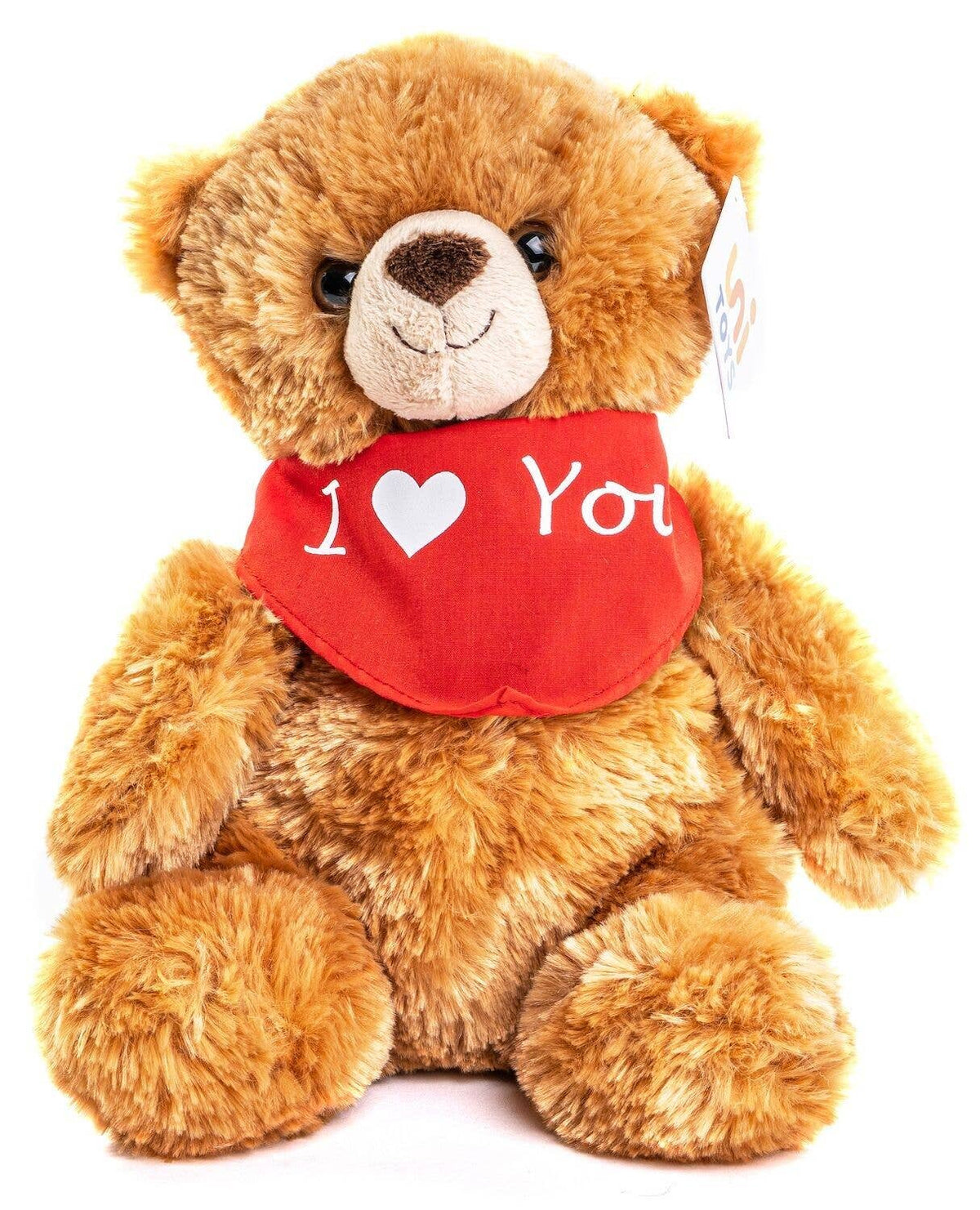 Brown teddy bear plush with I love you scarf