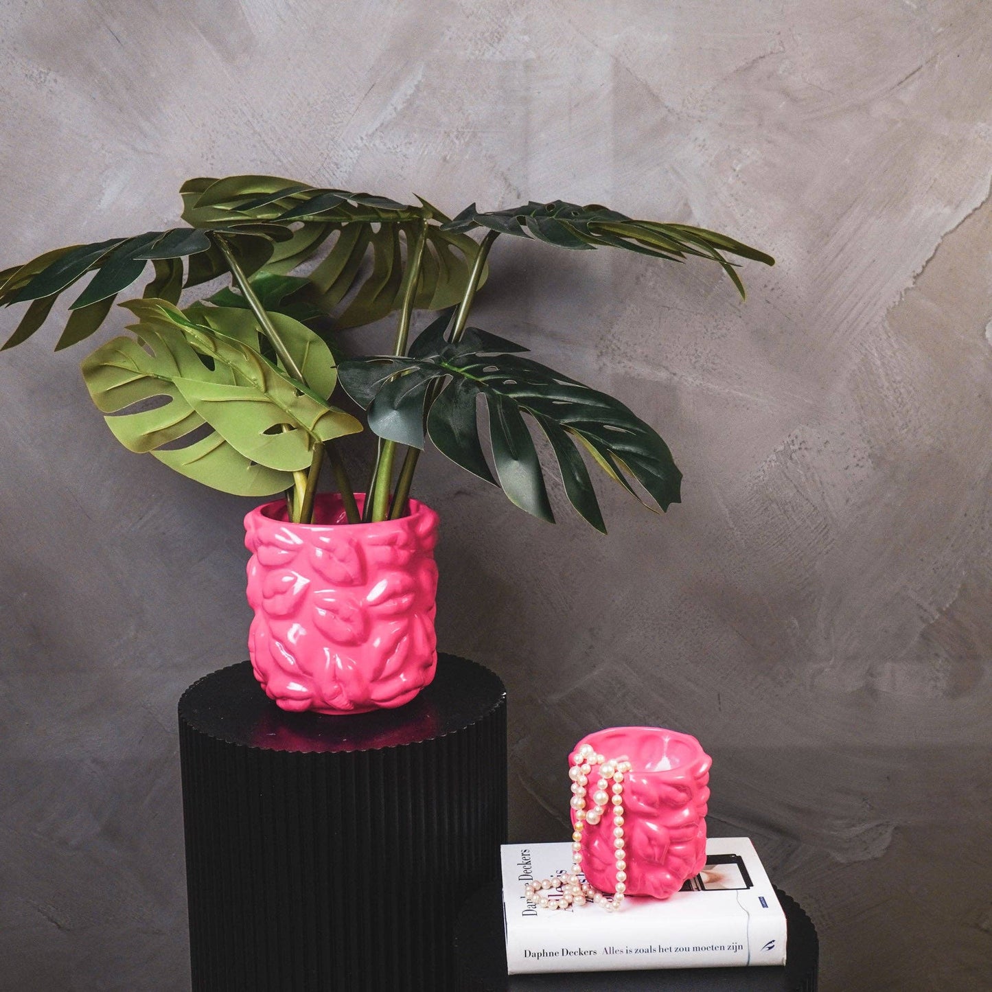 Bloempot - Kusjes - Keramiek - Neonroze - 17,5x17,5x17,5 cm