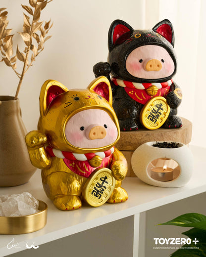 LuLu the Piglet - Maneki Lu (golden cat) - 18cm wooden sculpture