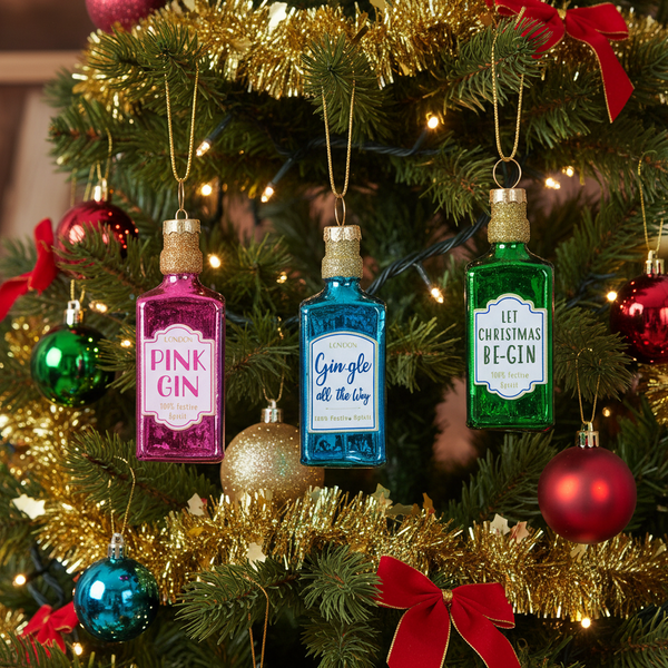 Mini kerstballen, gin-flessen