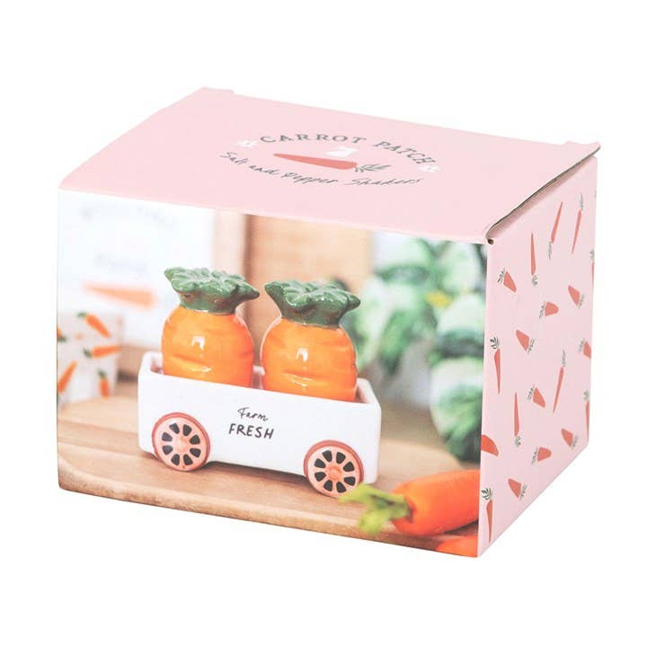 Carrot-shaped salt and pepper shakers in a trolley