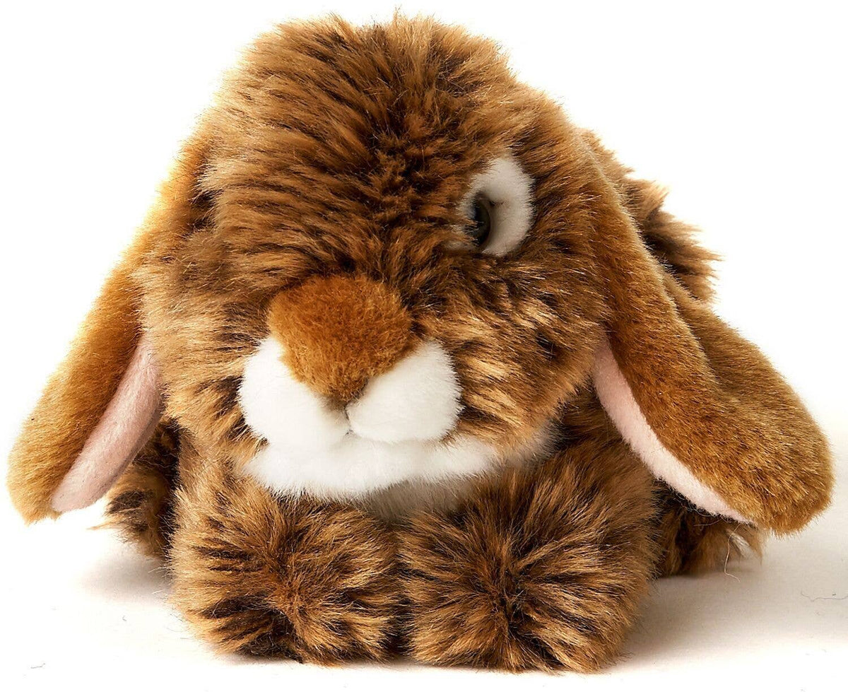 Brown lop-eared rabbit plush toy, lying down