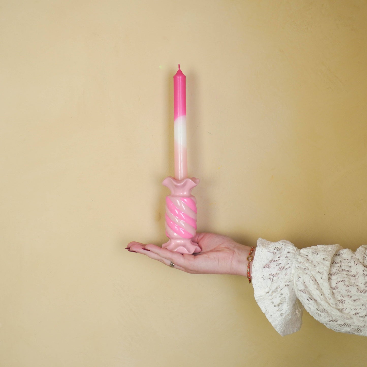 Kandelaar - Toffee Candy - Keramiek - Roze/Neon - 7,5x7,5x13 cm