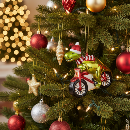 Dinosaur Christmas ball on a bike