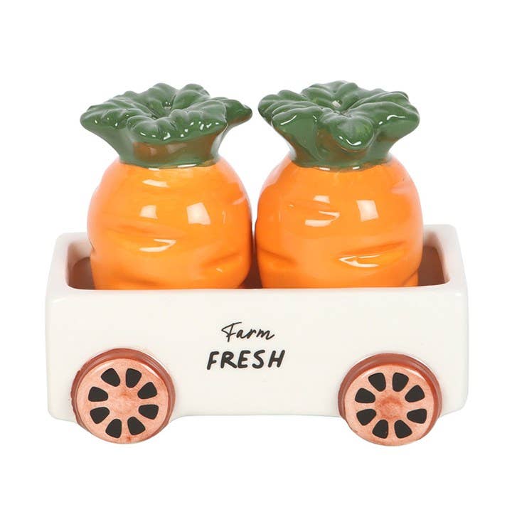 Carrot-shaped salt and pepper shakers in a trolley