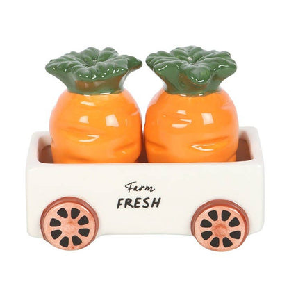Carrot-shaped salt and pepper shakers in a trolley
