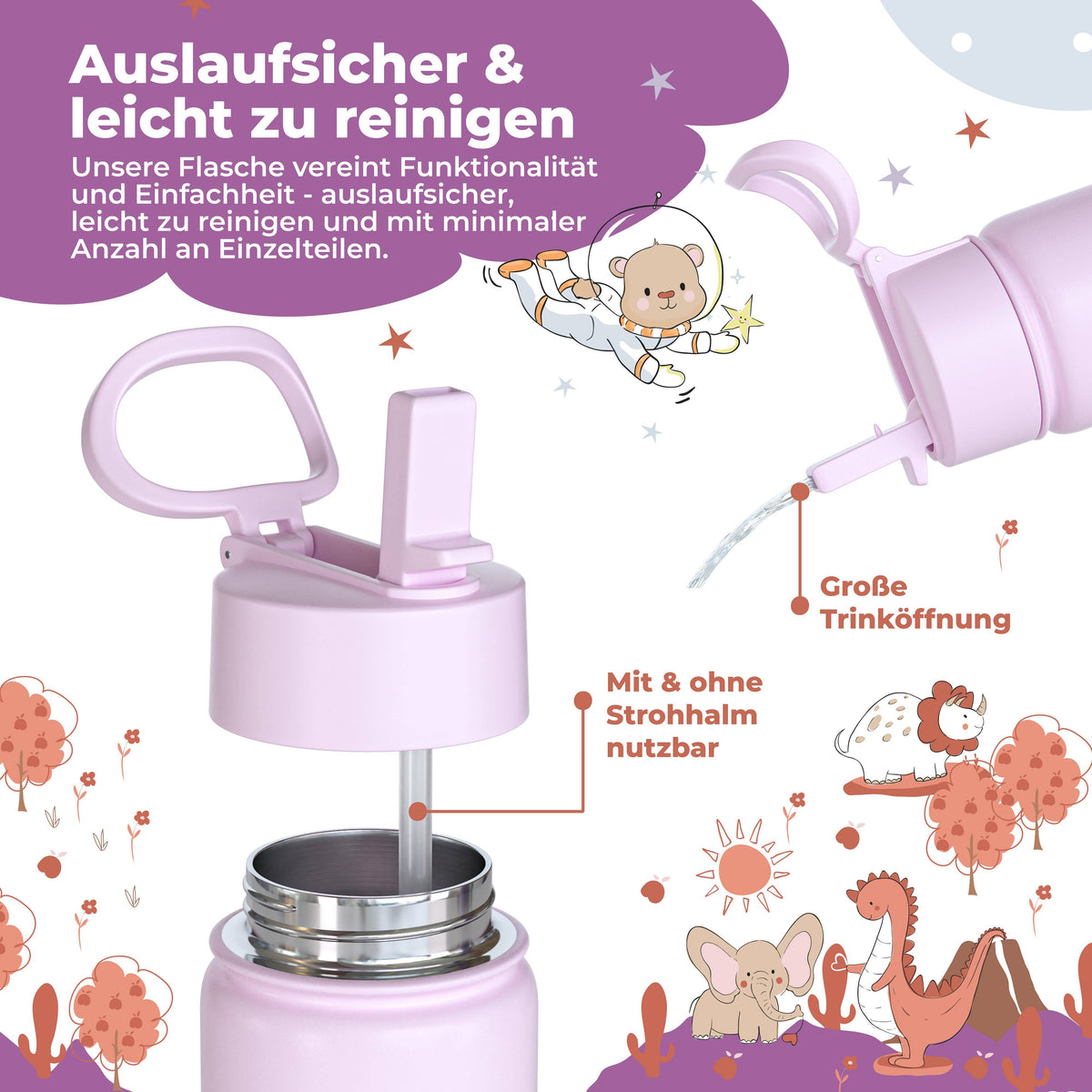 Thermo Kids Stainless Steel Water Bottle - Dog&Cat Purple