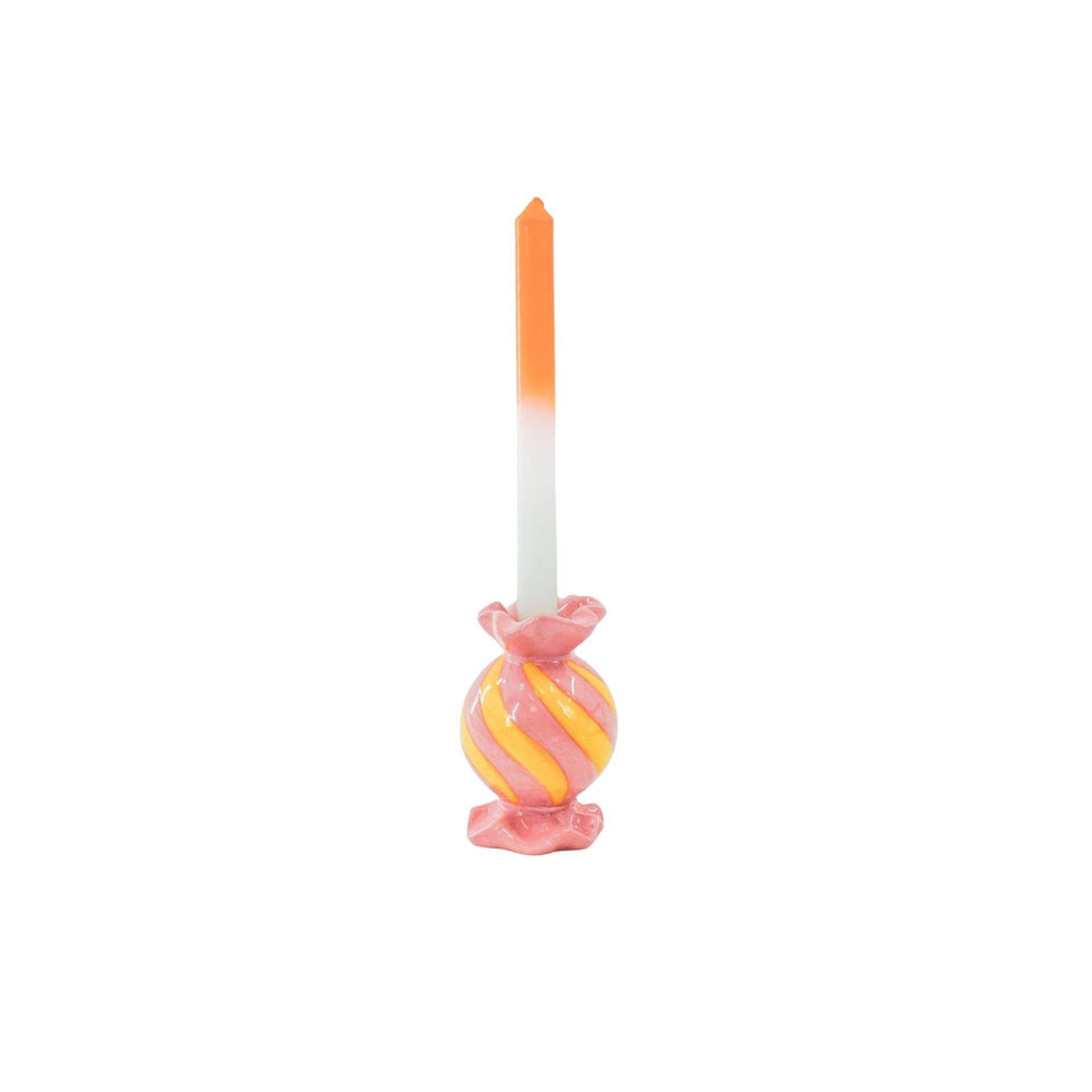 Kandelaar - Toffee Candy - Keramiek - Roze/Geel - 8,5x8,5x13 cm