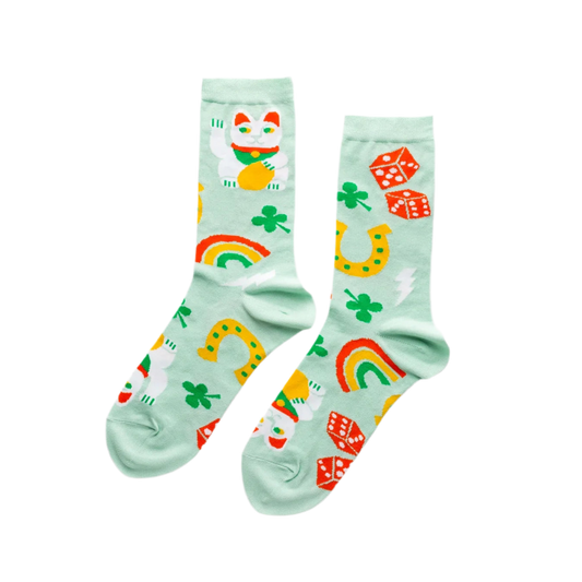 Chaussettes Porte-bonheur - Chats chanceux, Trèfles, Éclairs et Arcs-en-Ciel