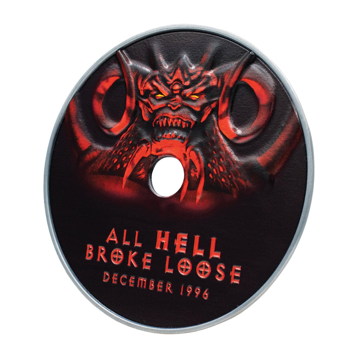 Réplique du CD-ROM Diablo 30e anniversaire Fanattik – recto vu de trois quarts