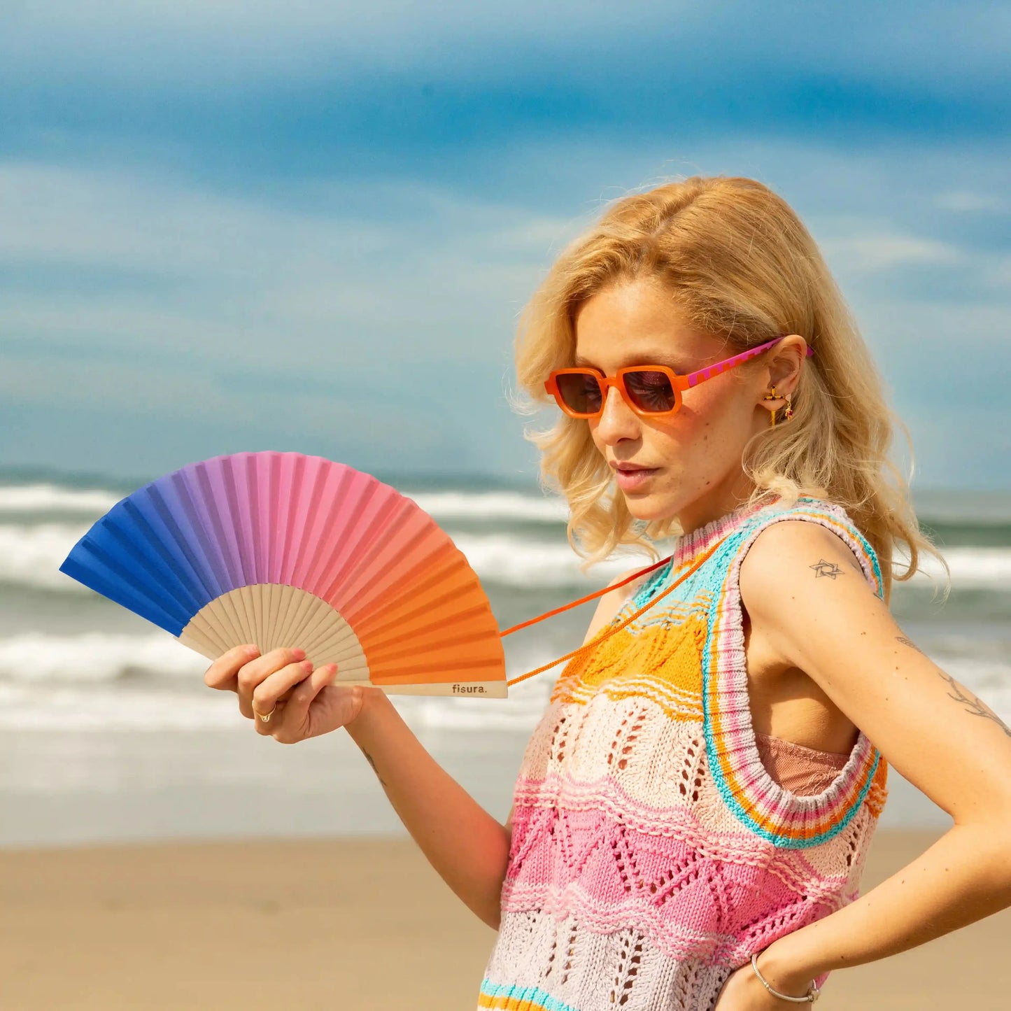 Éventail Mini Imprimé Dégradé Rose et Bleu – Fisura – vue 4