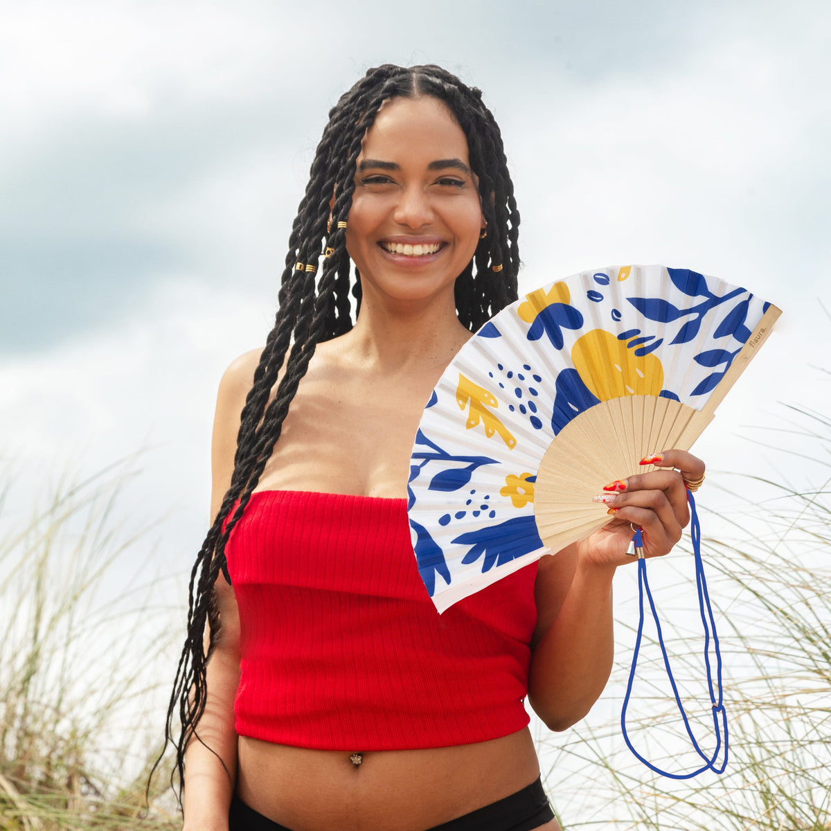 Blue and yellow floral fan