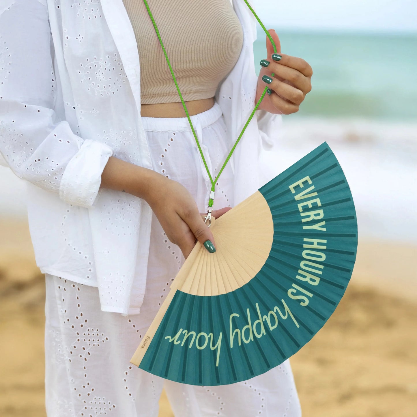 Éventail « Every hour is happy hour » Vert – Fisura – vue 3