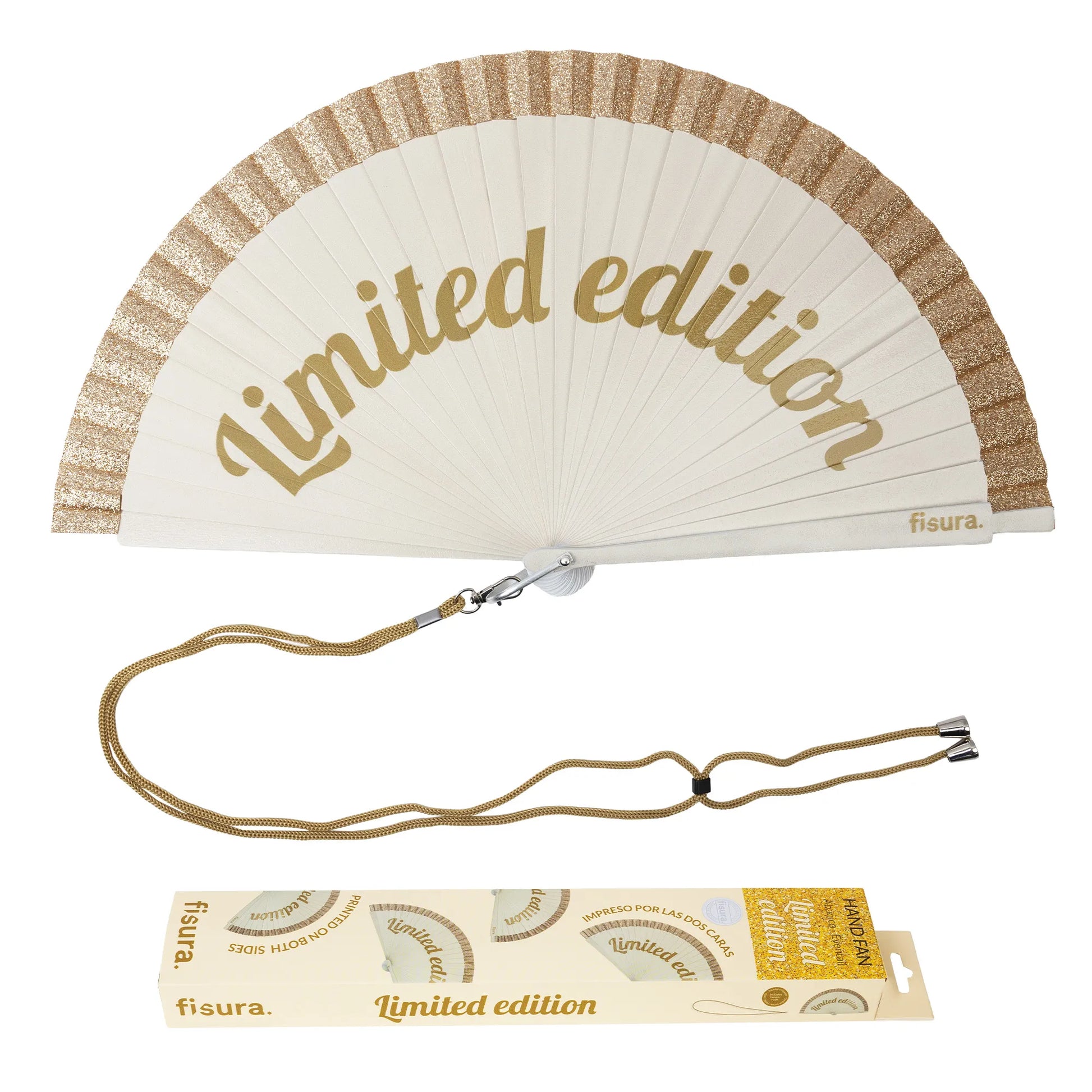 Éventail Imprimé « Limited edition » Paillettes Dorées – Fisura