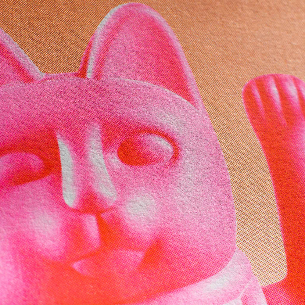Lucky Cat Risograph Art Print A3 Pink