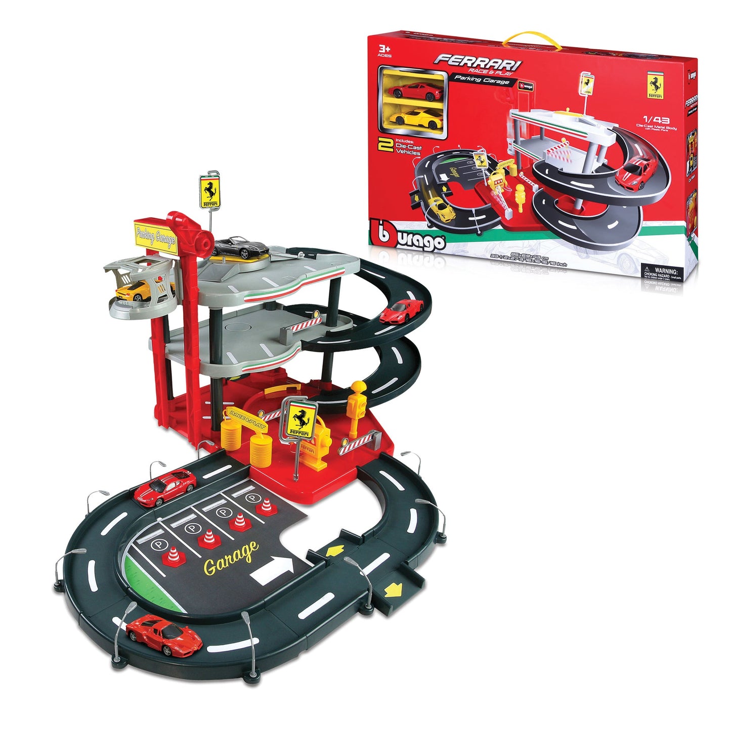 FERRARI 1:43 PARKING GARAGE, INCLUDING 2 CARS