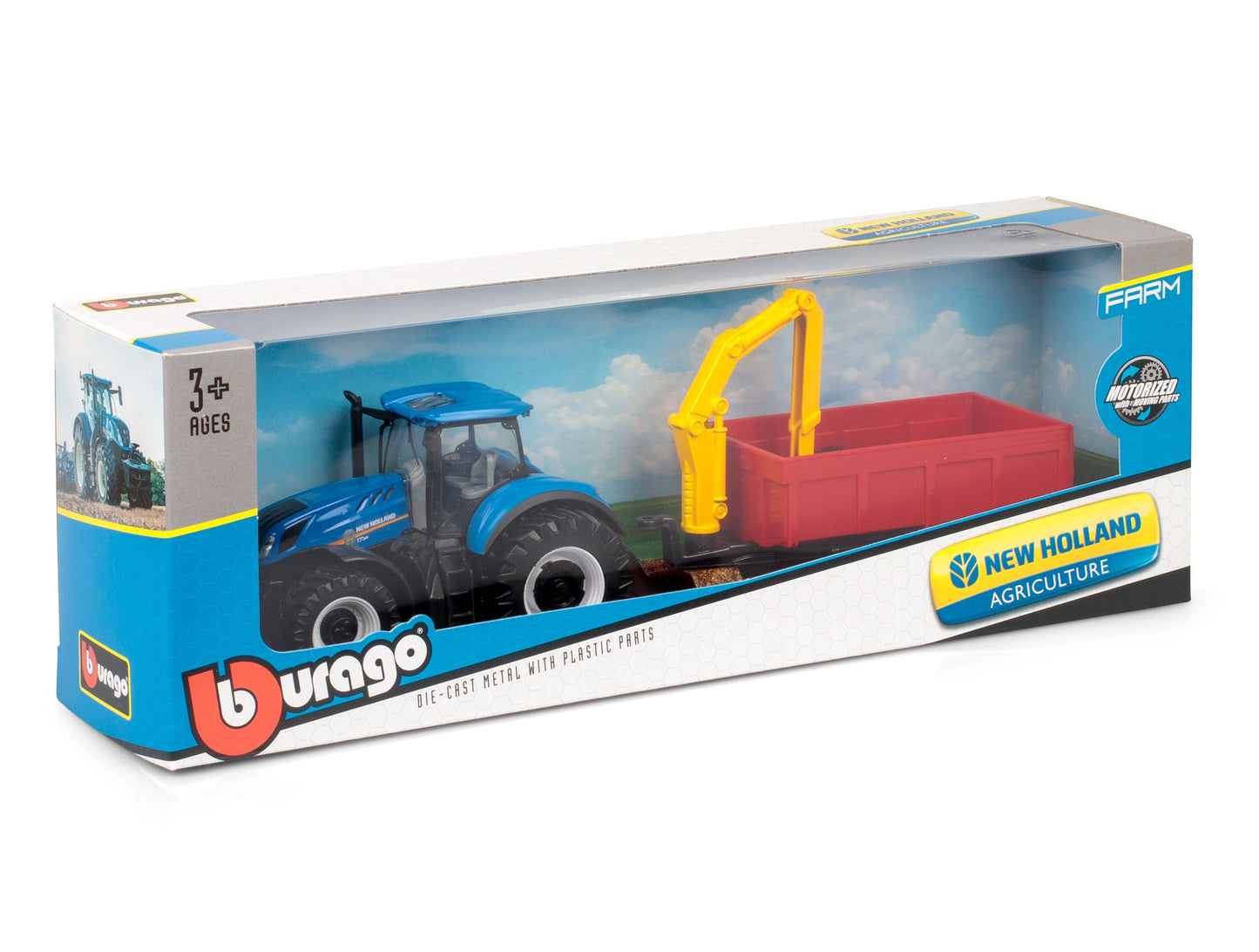 TRACTEUR NEW HOLLAND T7315 DE 10 CM AVEC CHARGEUR ET REMORQUE