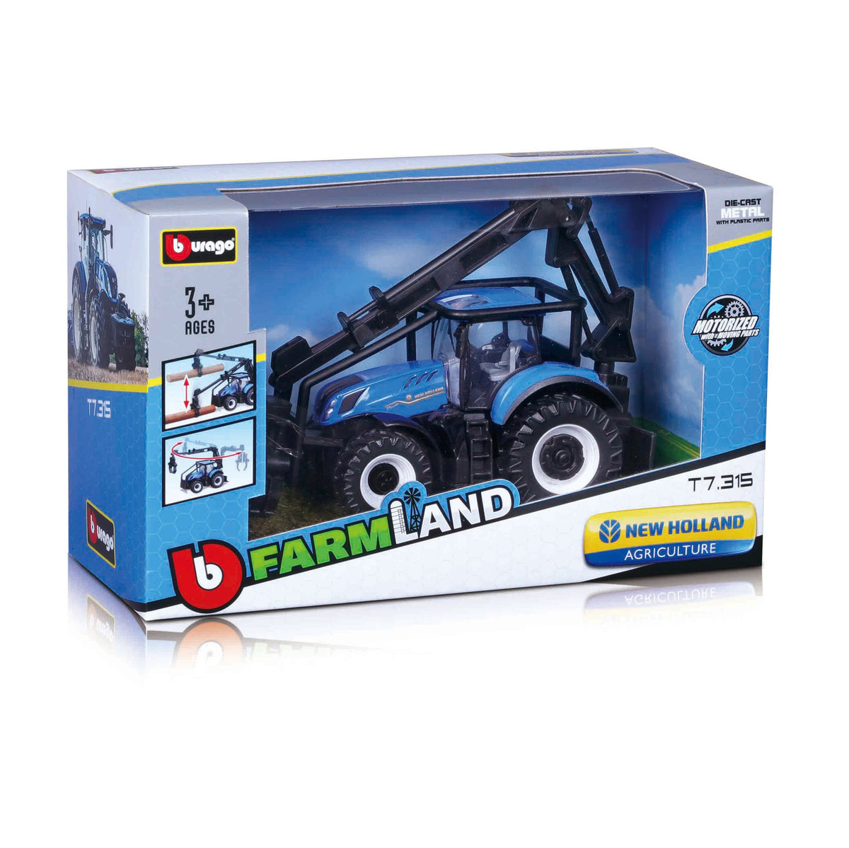 NEW HOLLAND T7.315 TRACTOR 10 CM WITH FRONT LOADER, LOG LOADER AND 3 LOGS
