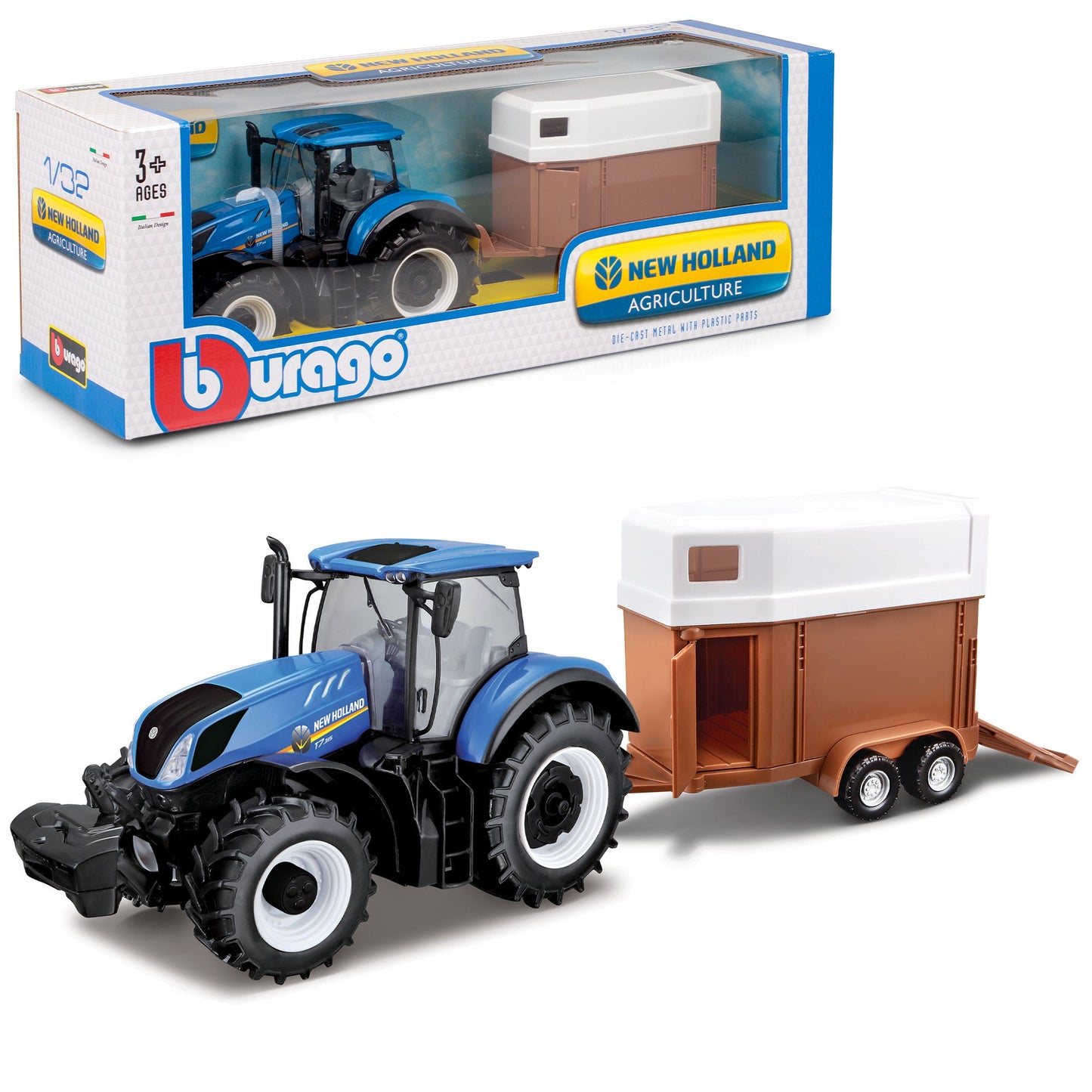 NEW HOLLAND T7.315 TRACTOR WITH HORSE TRAILER 1:32
