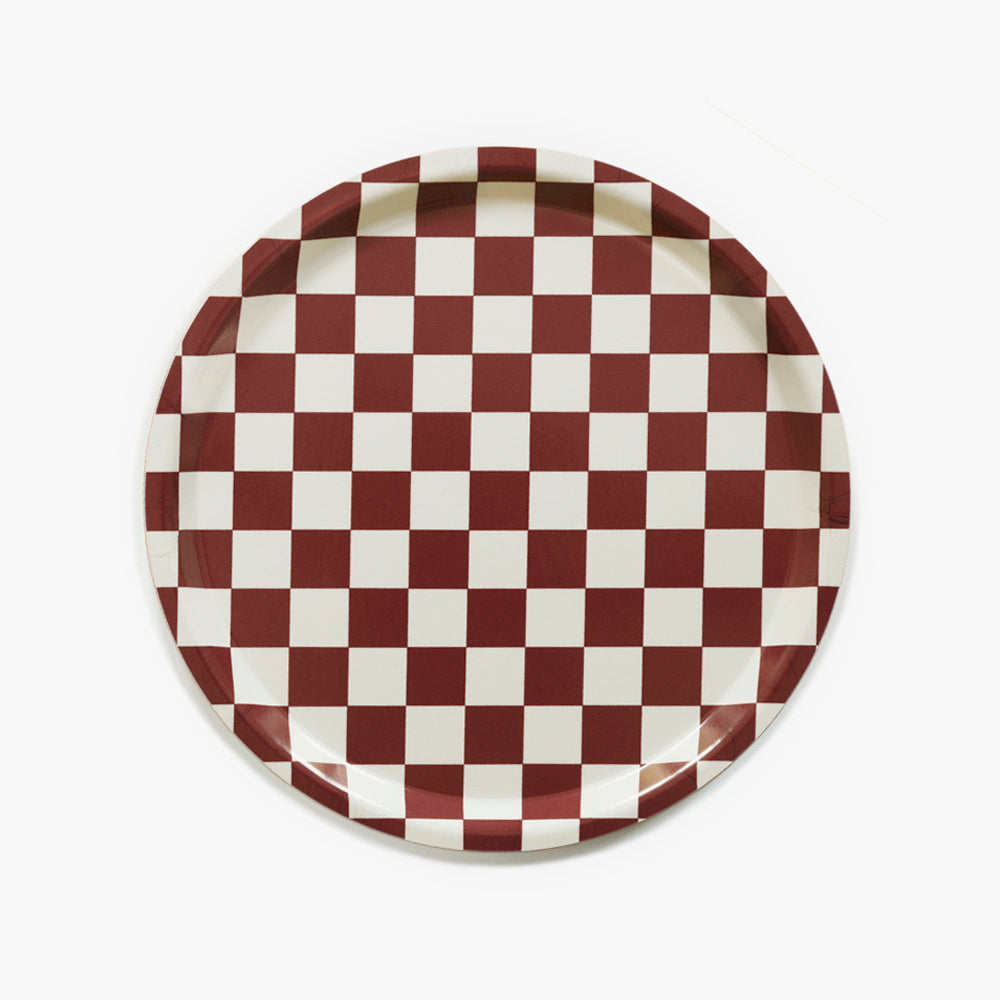 Burgundy/Cream CHECKER Round Serving Tray - 31 cm