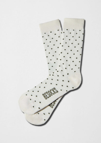 calcetines con lunares verde militar sobre fondo blanco roto - BESOCKS, BeDots Off-White