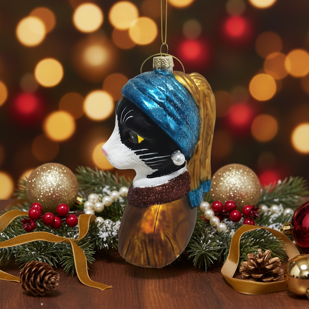 Girl with a Pearl Bead Christmas Bauble Cat Tuxedo